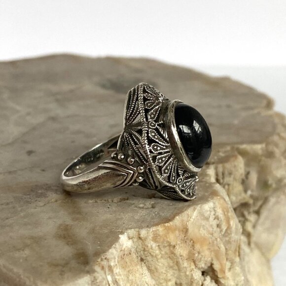 Sterling Silver 925 Thailand Scrollwork Filigree Oval Black Onyx Ring Sz 6.75 - Picture 3 of 16